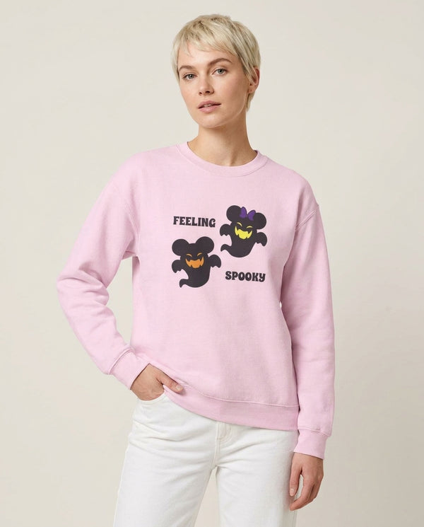 Feeling Spooky Mouse Ghosts Sweatshirt — Pink Front, worn