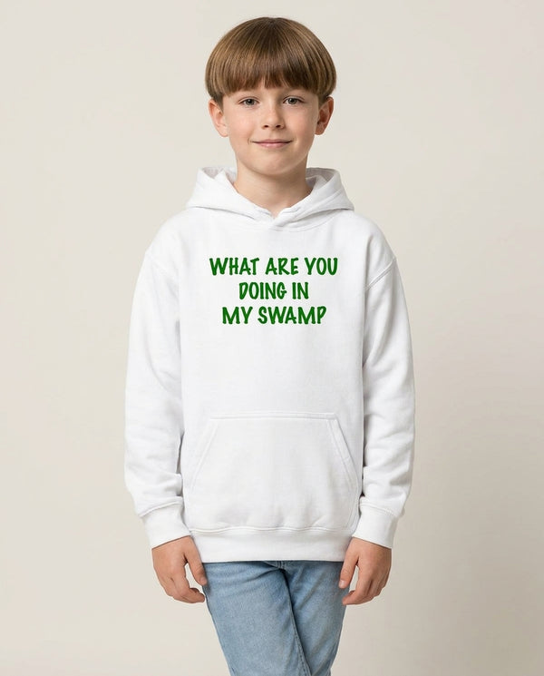 What Are You Doing In My Swamp - Green Ogre Kids Hoodie — White Front, worn