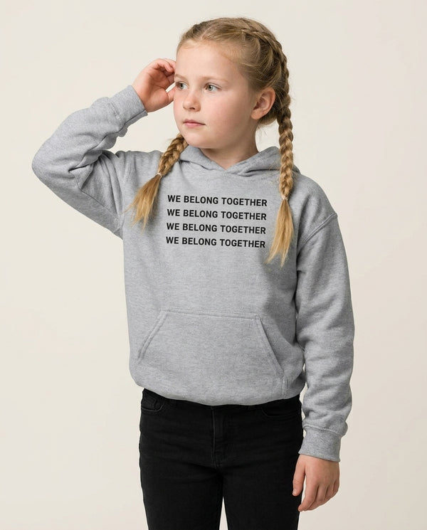 Belong Together Kids Hoodie — Grey Front, worn