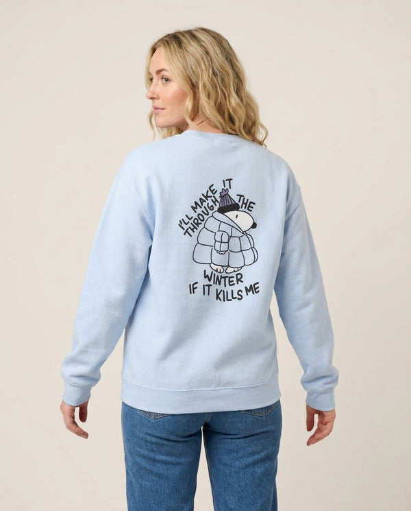 Puffer Jacket Beagle Sweatshirt Blue Back, worn