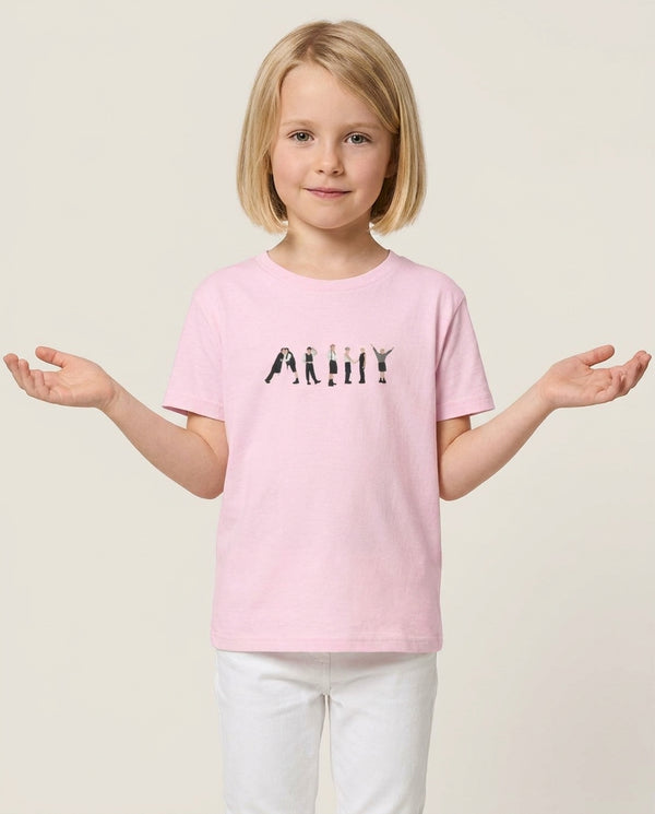 K-Pop Band Army Members Kids T-Shirt — Pink Front, worn