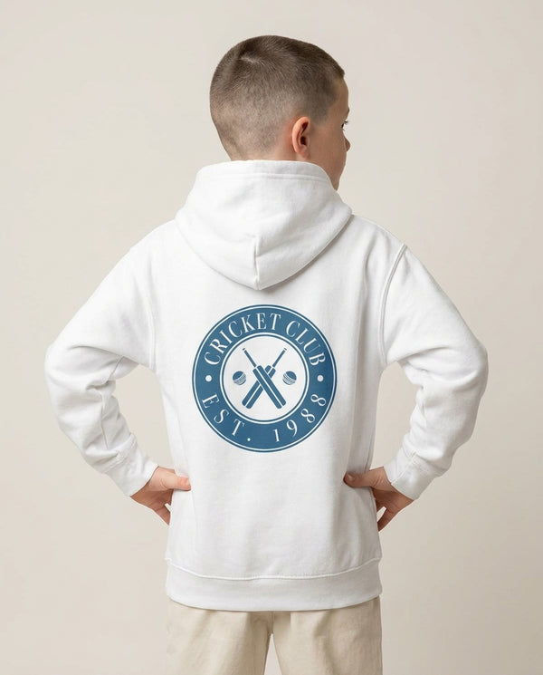 Cricket Badge Kids Hoodie — White Back, worn