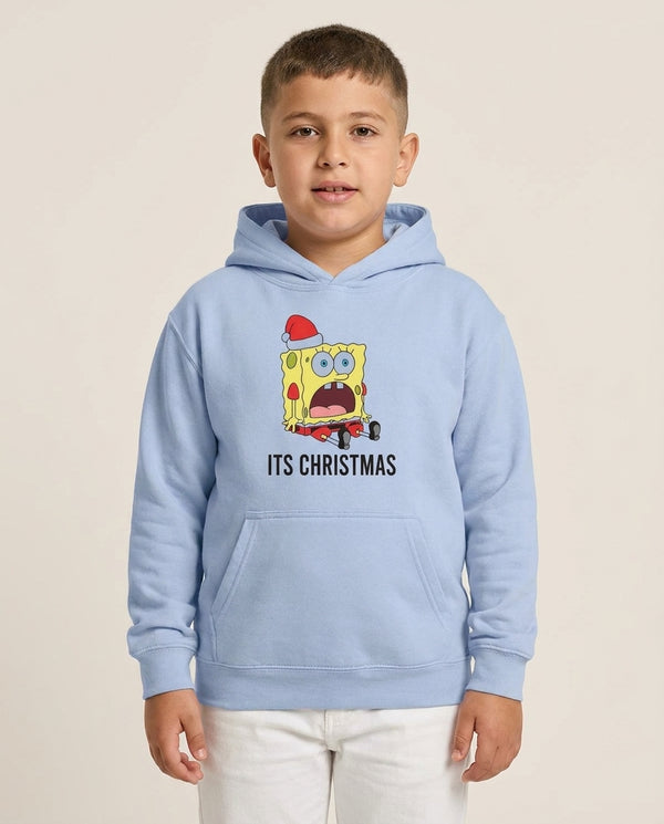 It's Christmas Cartoon Sponge Kids Hoodie — Blue Front, worn