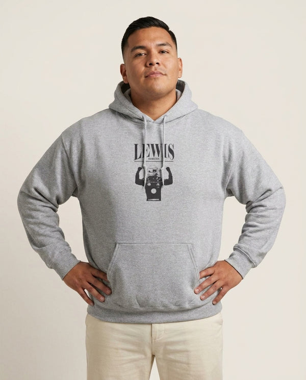 Lewis Red And Gold Hoodie — Grey Front, worn