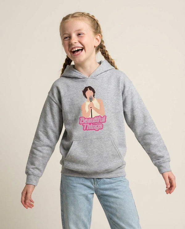 Neon Pink Beautiful Things Kids Hoodie — Grey Front, worn