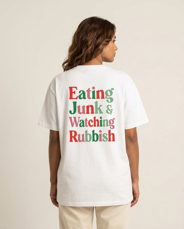 Eating Junk & Watching Rubbish T-Shirt White Back, worn