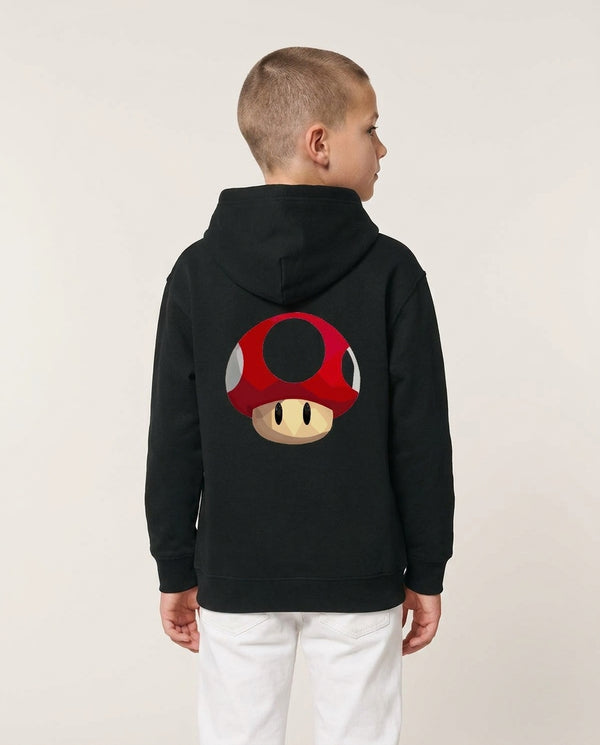Toad - Mario Kids Hoodie — Black Back, worn