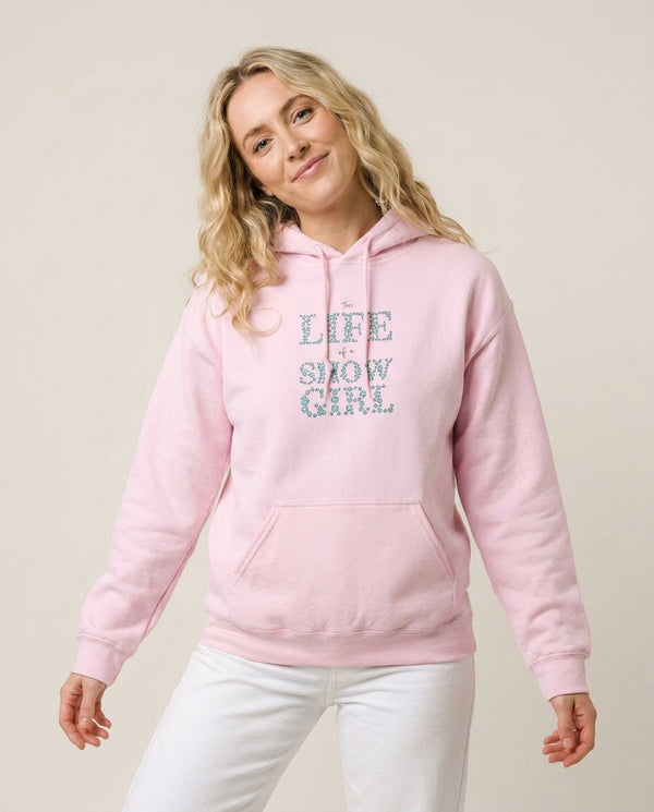 TLOAS Bedazzled Writing Hoodie — Pink Front, worn