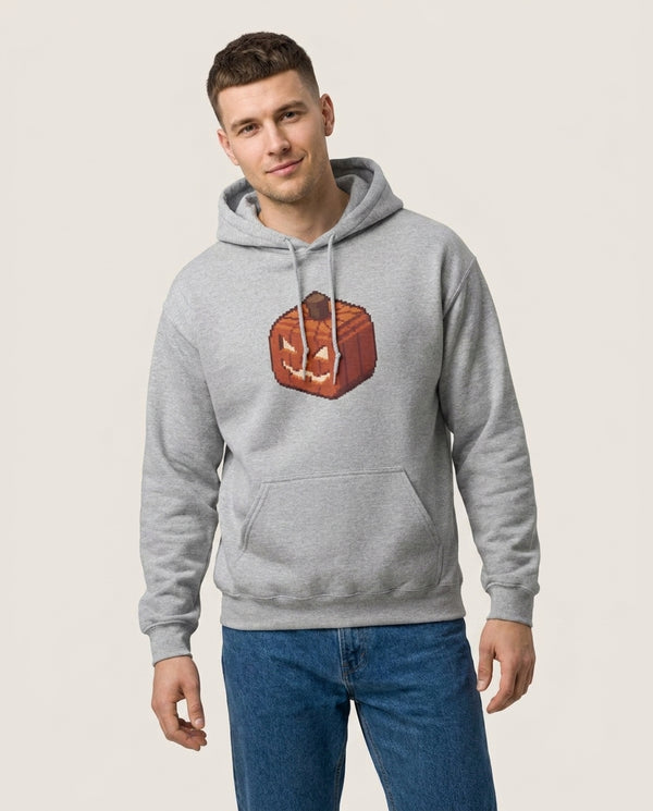 Mining Pumpkin Hoodie — Grey Front, worn