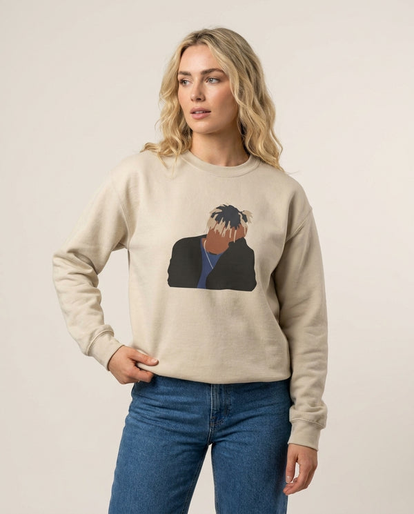 Sad - Juice Sweatshirt — Sand Front, worn