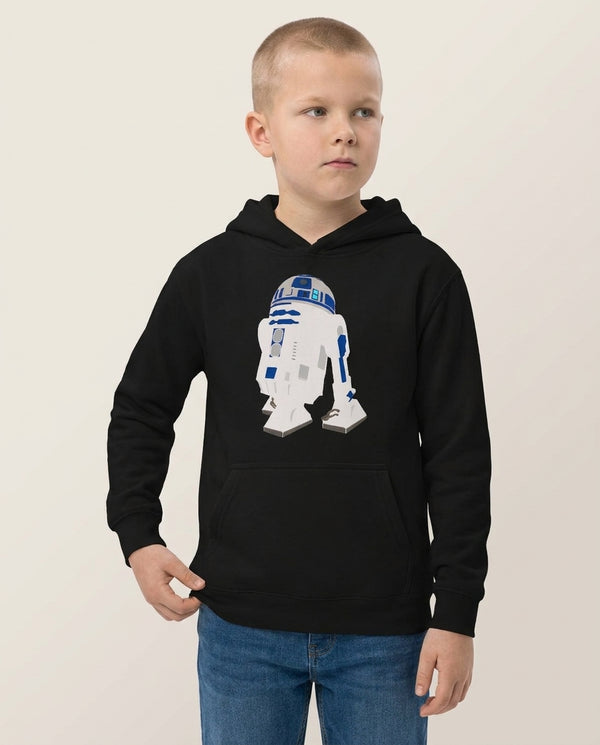 R2D2 Kids Hoodie — Black Front, worn