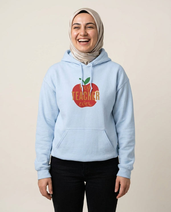 Apple Best Teacher Ever Hoodie — Blue Front, worn