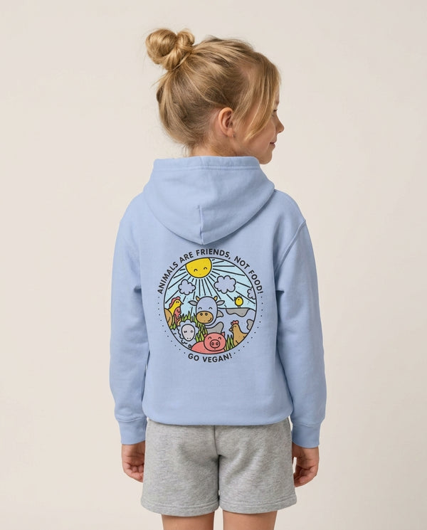 Animals Are Friends, Not Food - Vegan Kids Hoodie — Blue Back, worn