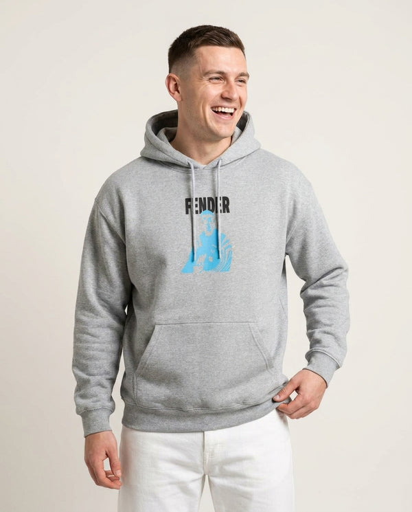 Fender Silhouette Blue Hoodie — Grey Front, worn