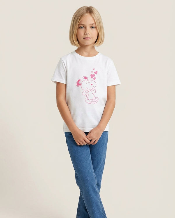 Cartoon Beagle Valentine Hearts Pattern Kids T-Shirt — White Front, worn
