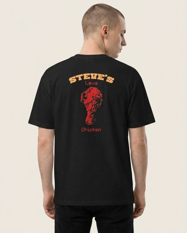 Steve's Lava Chicken T-Shirt — Black Back, worn