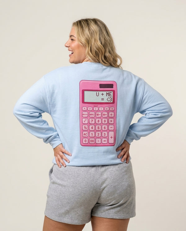 Pink Love Calculator Sweatshirt Blue Back, worn