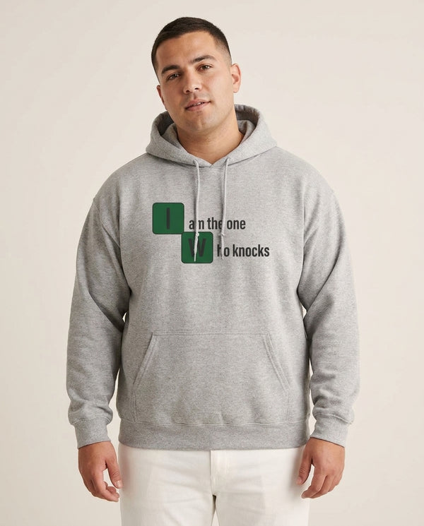 I Am The One Who Knocks Hoodie — Grey Front, worn