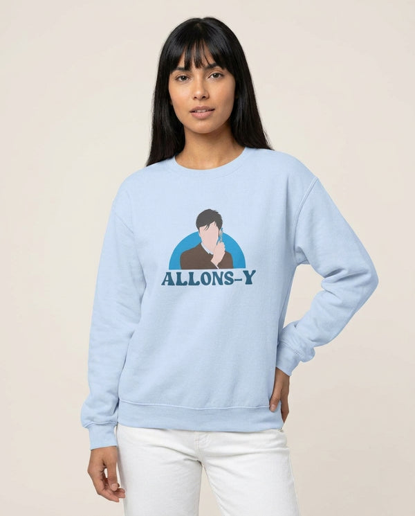 Allons-y Sweatshirt — Blue Front, worn