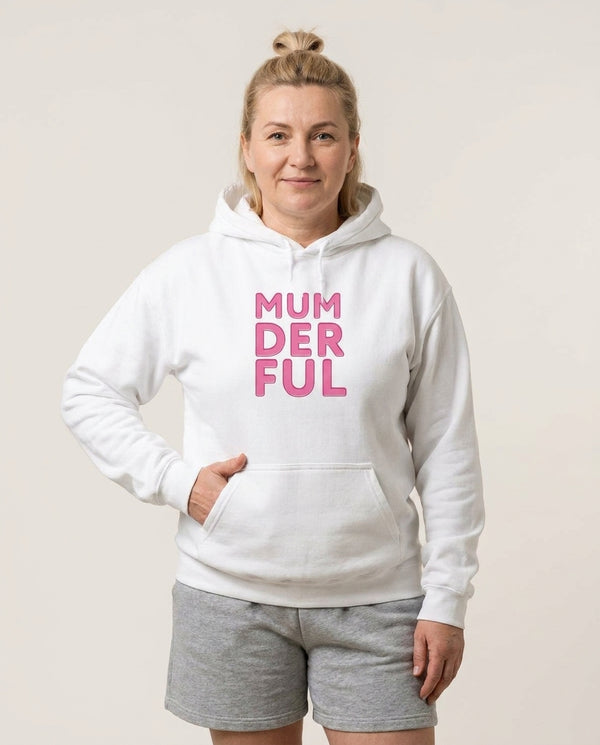 Mumderful Hoodie — White Front, worn