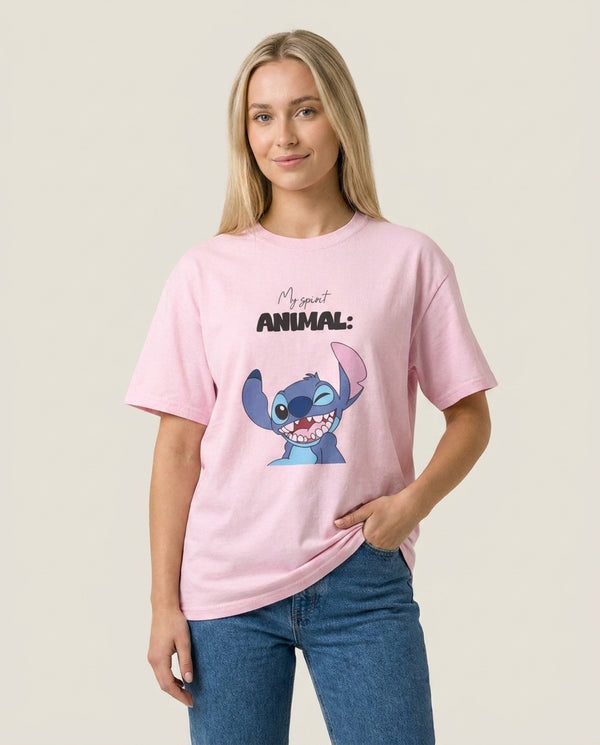 My Sprit Animal Blue Alien T-Shirt — Pink Front, worn