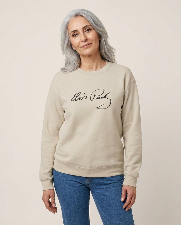 Signature Sweatshirt — Sand Front, worn