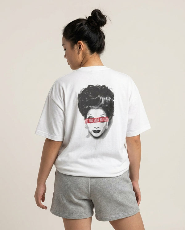 Not Today, Satan. Not Today - Drag Queen's Drag Race T-Shirt — White Back, worn