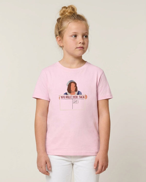 You Suck Tally Kids T-Shirt — Pink Front, worn