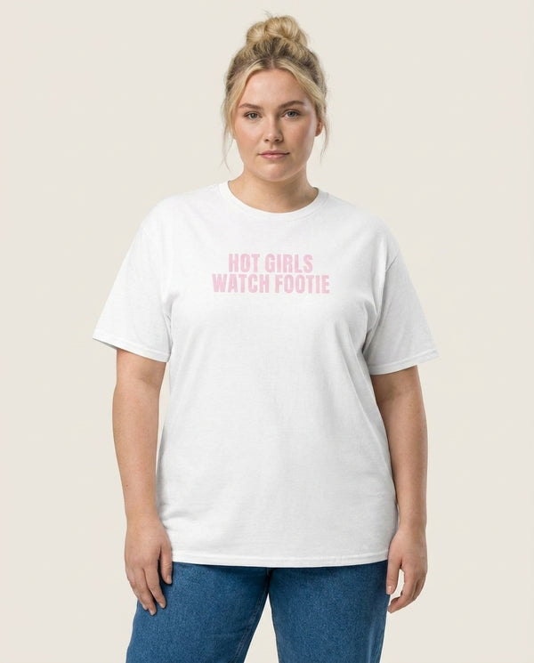 Hot Girls Watch Footie T-Shirt — White Front, worn