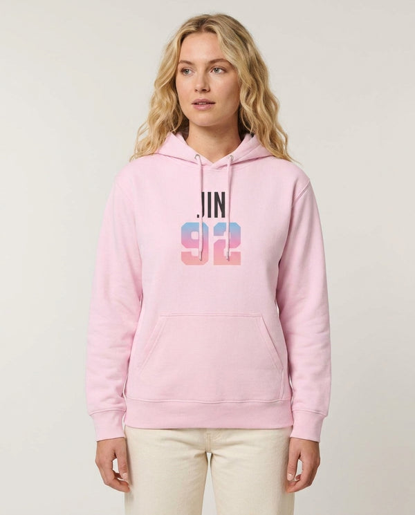 Jin 92 Hoodie — Pink Front, worn