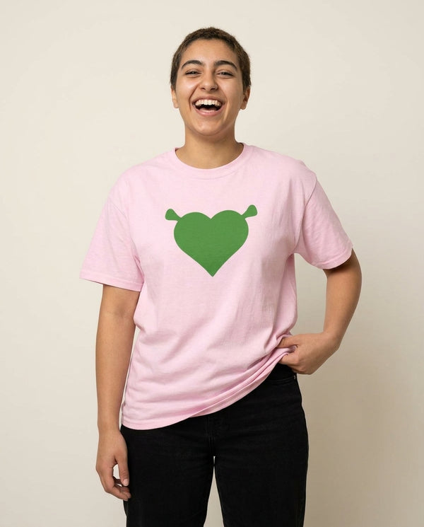 Green Ogre Heart T-Shirt — Pink Front, worn