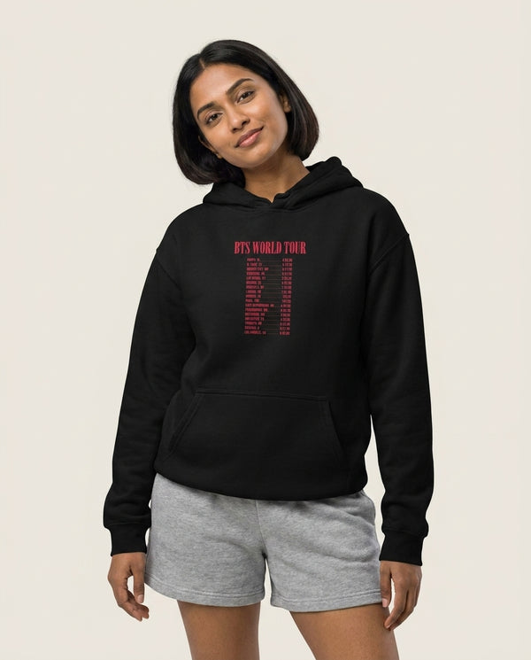 K-Pop Band World Tour List 2026 Hoodie — Black Front, worn