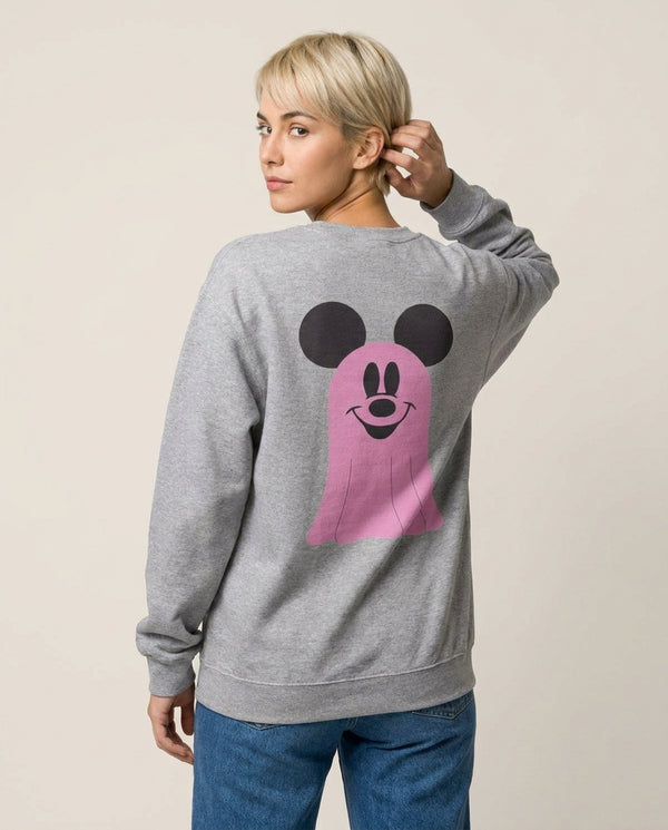 Mouse Ghost Pattern Halloween Sweatshirt — Grey Back, worn