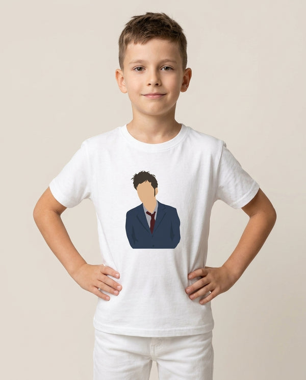 Tennant - The Doctor Kids T-Shirt — White Front, worn