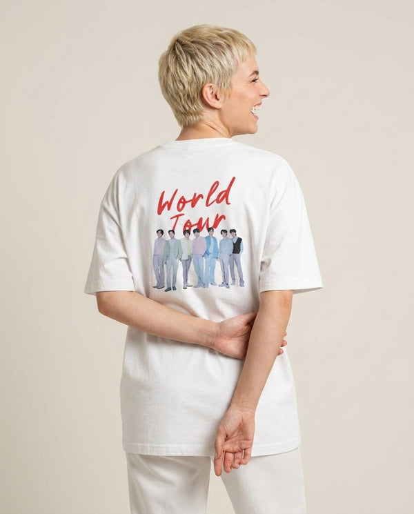 K-Pop Band Pastel Tour T-Shirt — White Back, worn