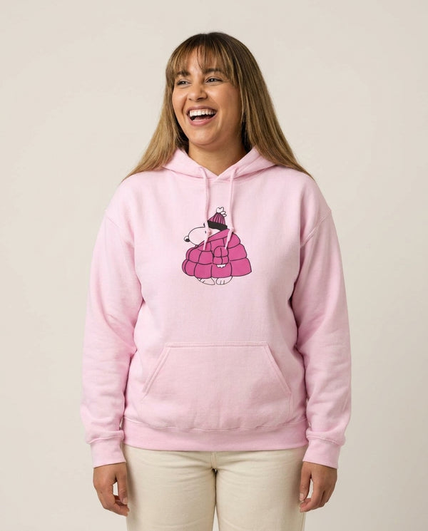 Cartoon Beagle Puffer Jacket Pink Hoodie — Pink Front, worn