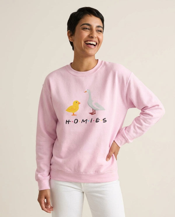 Homies Chick And Duck Sweatshirt — Pink Front, worn