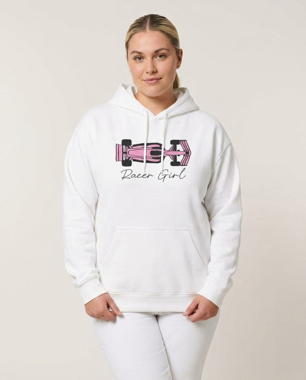 Racer Girl Hoodie — White Front, worn