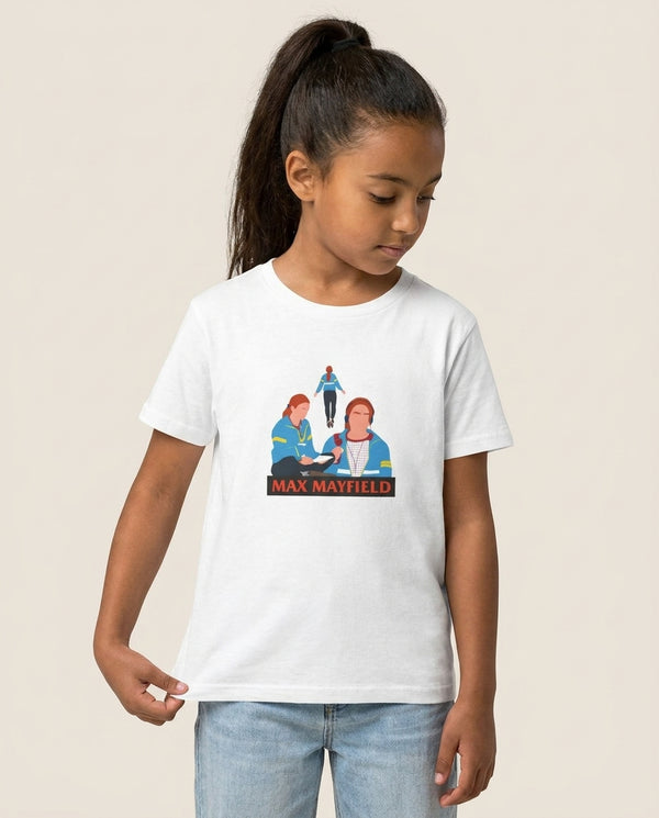 Max Mayfield Kids T-Shirt — White Front, worn