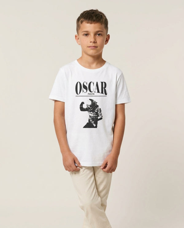 Oscar Orange And Black Kids T-Shirt — White Front, worn