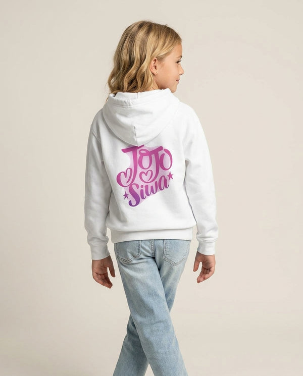 JoJo Siwa Love Heart Kids Hoodie — White Back, worn