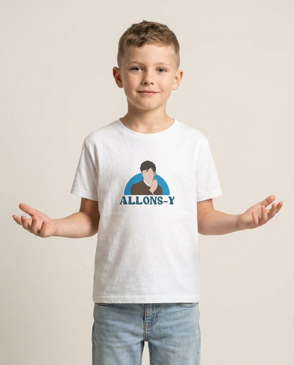 Allons-y Kids T-Shirt — White Front, worn