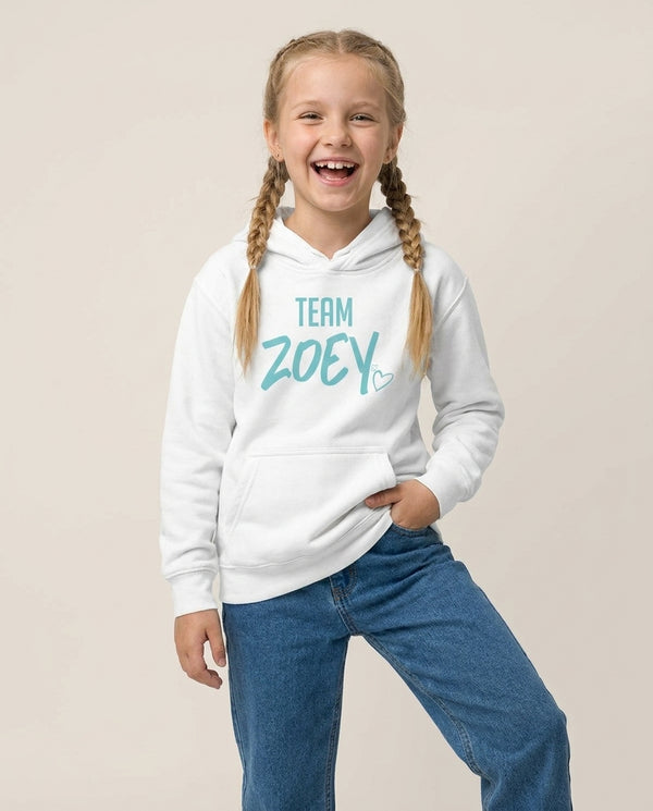 Team Zoey Kids Hoodie — White Front, worn
