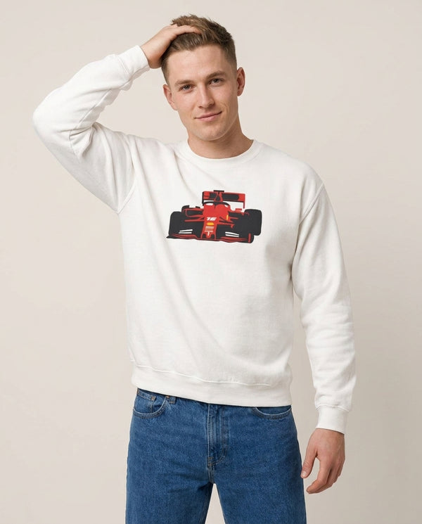 F1 Car  Sweatshirt — White Front, worn