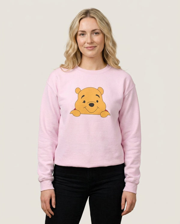 Cute Bear Leaning Sweatshirt — Pink Front, worn