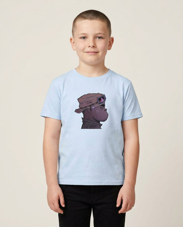 Purple 2d Kids T-Shirt — Blue Front, worn