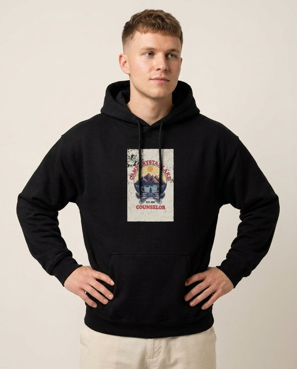 Camp Crystal Lake Hoodie — Black Front, worn