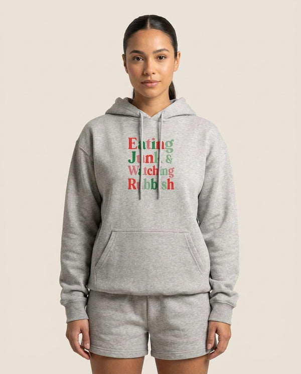 Eating Junk & Watching Rubbish Hoodie Grey Front, worn