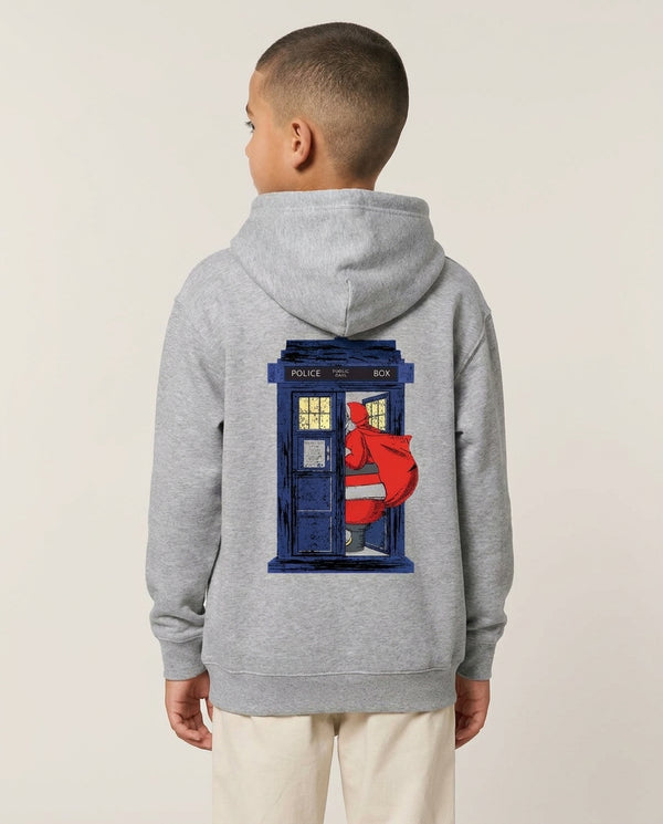 Santa's Tardis Kids Hoodie Grey Back, worn