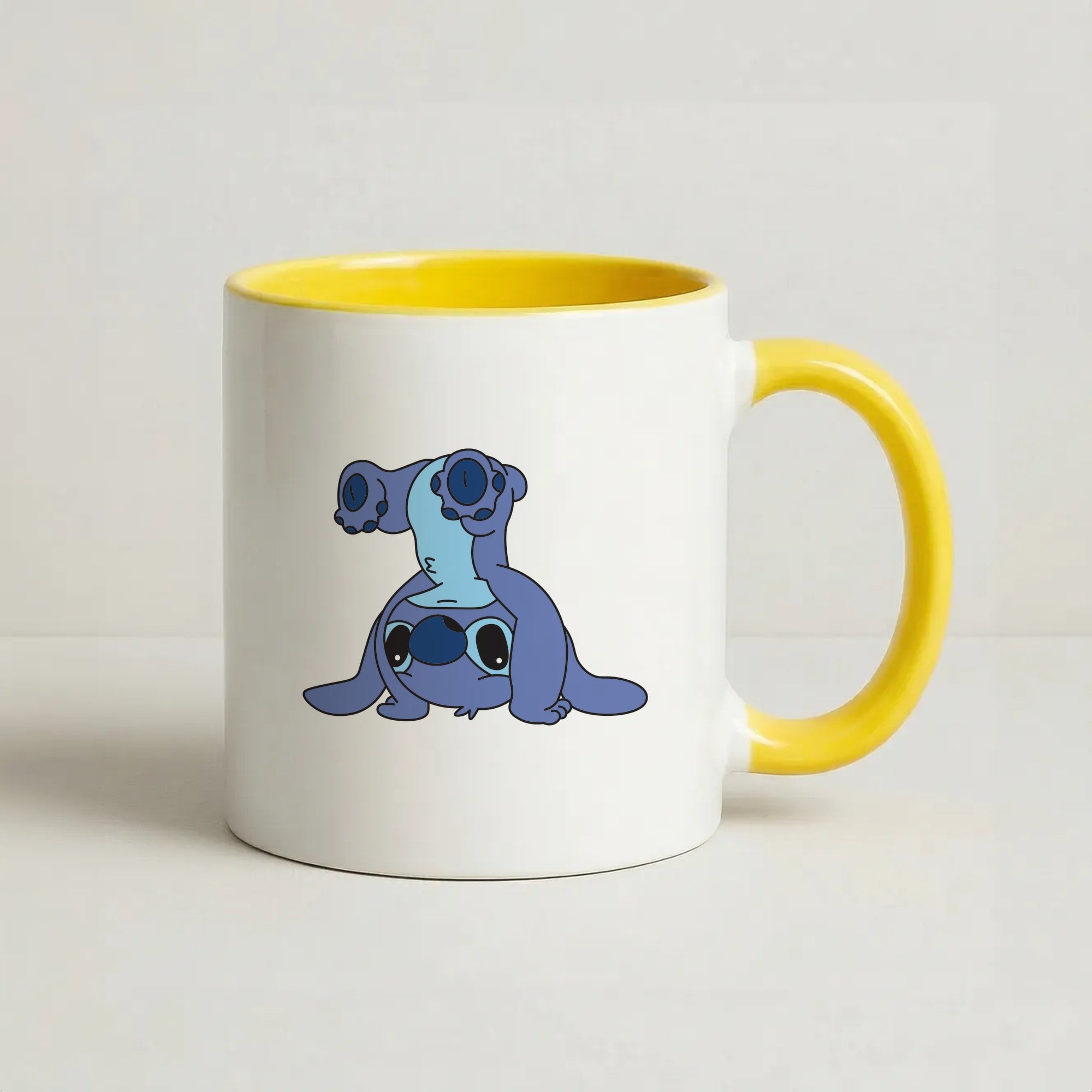 Cute Blue Alien Handstand Coffee Yellow Mug